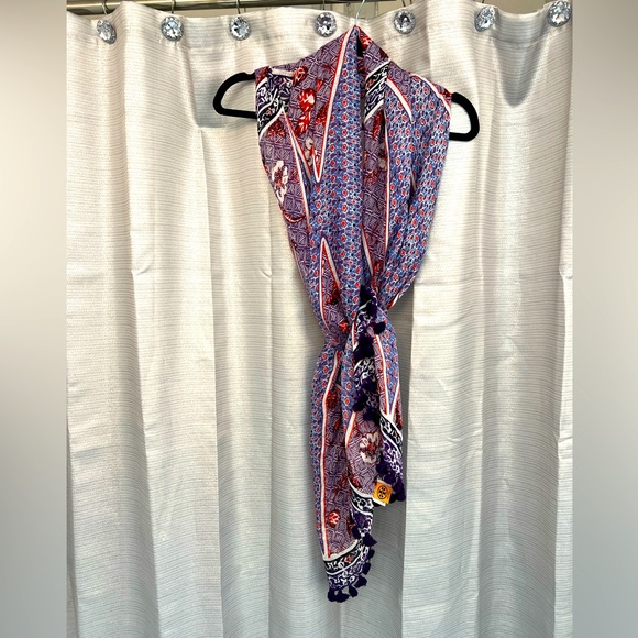 TORY BURCH Purple Floral Tassel Linen Blend Scarf - Picture 2 of 7